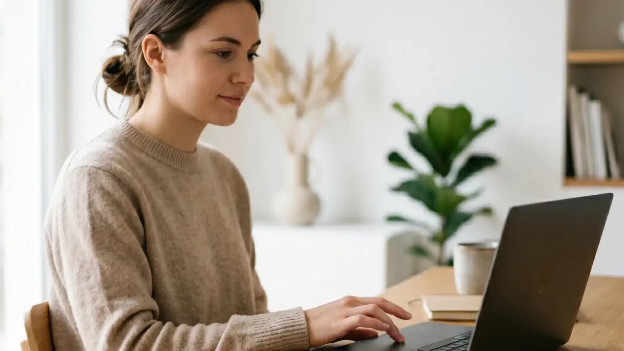 Une aidante consulte des informations sur son ordinateur dans un cadre calme et rassurant.